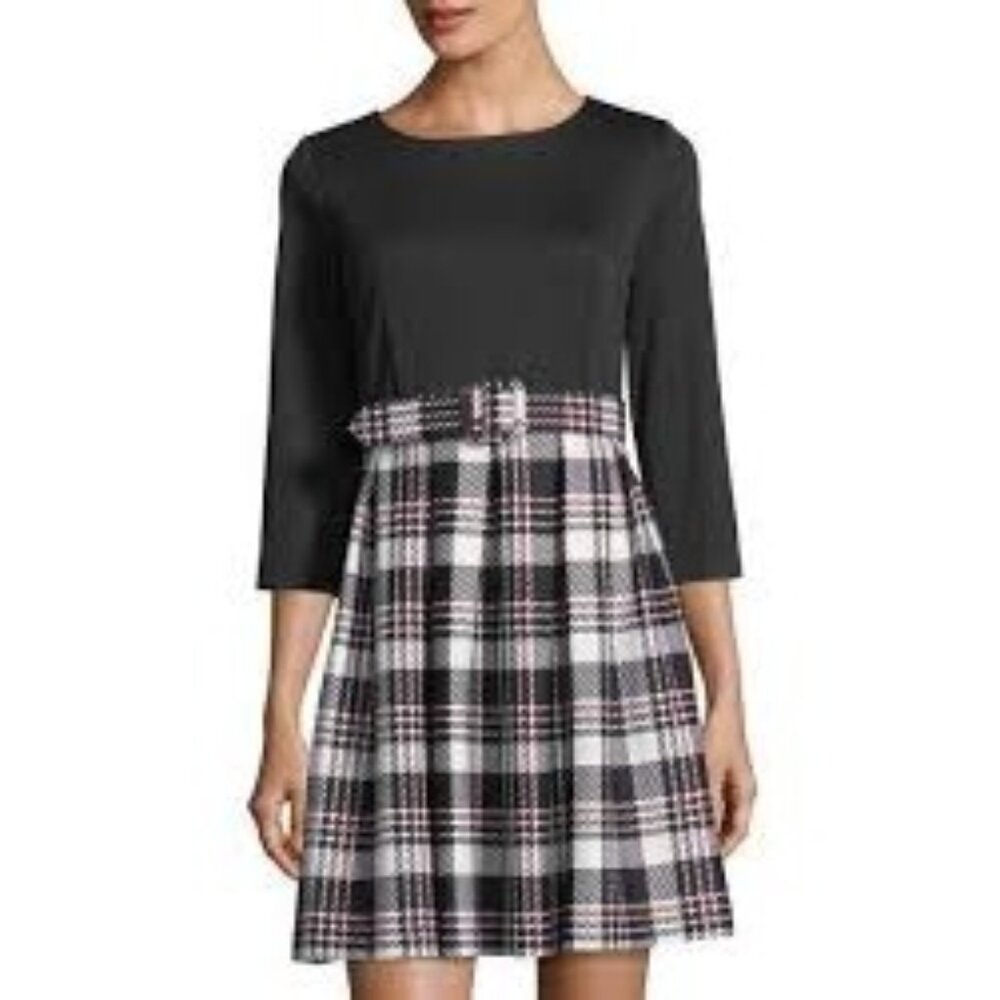 Eliza J Fit and Flare Tartan Plaid 3/4 Sleeve Belted Academia Mini Dress Size 10